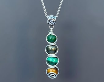 Abundance and Prosperity Necklace: Jade, Pyrite, Malachite, Tiger’s Eye Gemstone Pendant