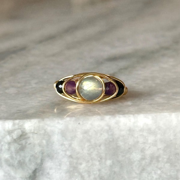 Empath Protection Ring – AAA+ Labradorite, Amethyst & Black Tourmaline | Wire Wrapped Ring in Silver, Gold, or Gunmetal Finish