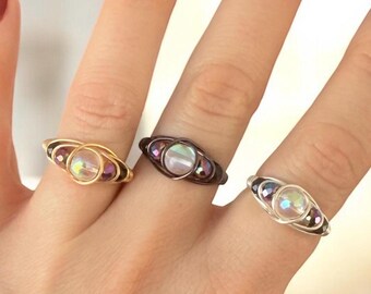 Angel Aura Quartz Ring with Black Tourmaline & Rainbow Hematite. Wire wrapped Rings