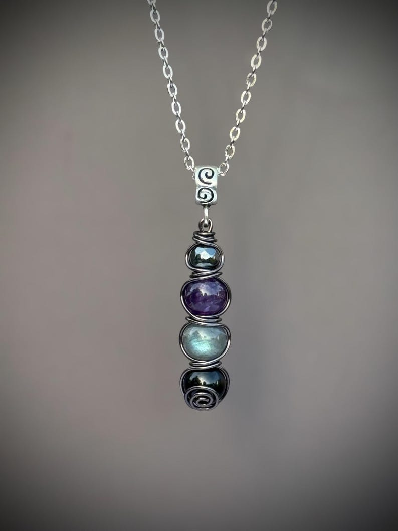 Empath Protection Necklace — Crystal Shield Pendant with Hematite, Labradorite & Amethyst | Energy Shield Jewelry Gunmetal