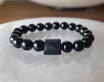 Black Tourmaline Bracelet with Raw Stone: Grounding Protection