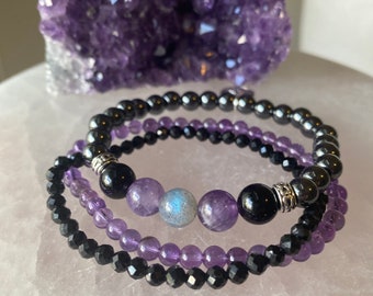 Empath Protection Bracelet.  Bracelet Set. Hematite, Labradorite, Amethyst & Black Tourmaline Bracelet |Gemstone Protection and Grounding.