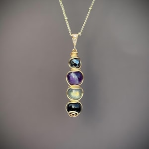Empath Protection Necklace — Crystal Shield Pendant with Hematite, Labradorite & Amethyst | Energy Shield Jewelry Gold Tone