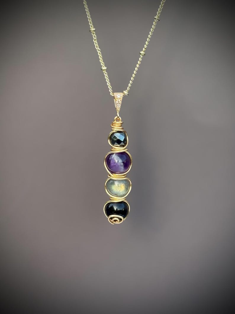 Empath Protection Necklace — Crystal Shield Pendant with Hematite, Labradorite & Amethyst | Energy Shield Jewelry Gold Tone