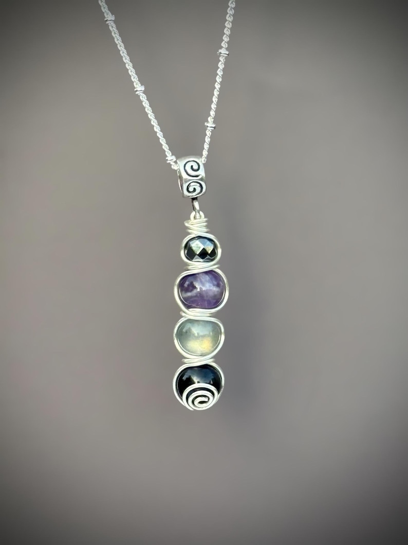 Empath Protection Necklace — Crystal Shield Pendant with Hematite, Labradorite & Amethyst | Energy Shield Jewelry Silver Tone