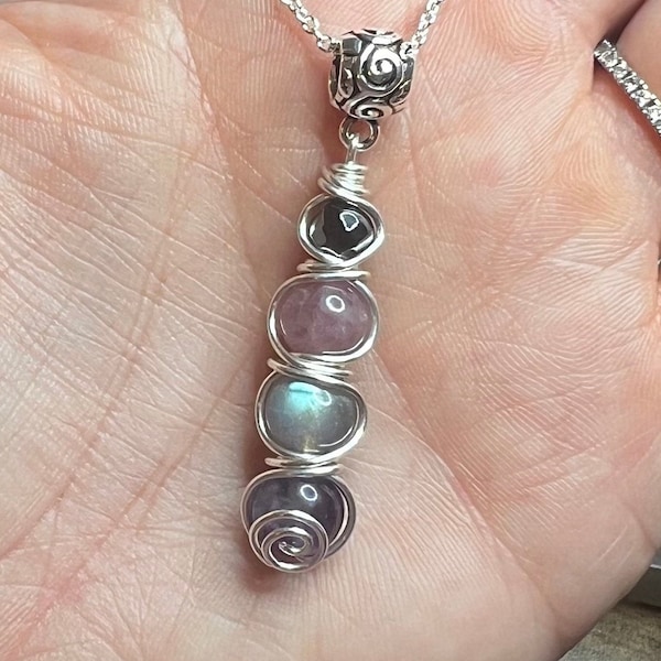 Empath Support & Protection Necklace. Hematite, Madagascar Rose Quartz, Labradorite, and Amethyst. Silver Available.