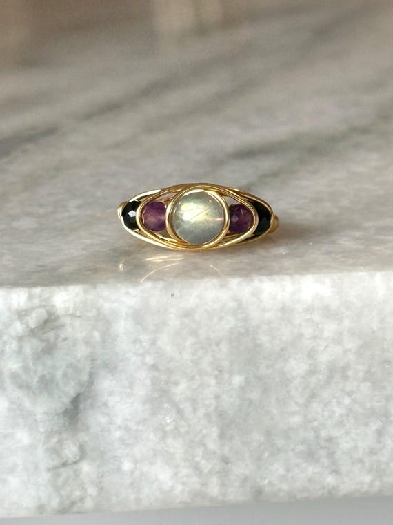 Empath Protection Ring – AAA+ Labradorite, Amethyst & Black Tourmaline | Wire Wrapped Ring in Silver, Gold, or Gunmetal Finish