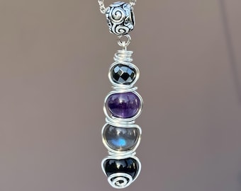 Empath Protection Necklace — Crystal Shield Pendant with Hematite, Labradorite & Amethyst | Energy Shield Jewelry