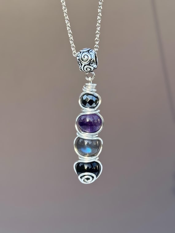 Empath Protection Necklace — Crystal Shield Pendant with Hematite, Labradorite & Amethyst | Energy Shield Jewelry