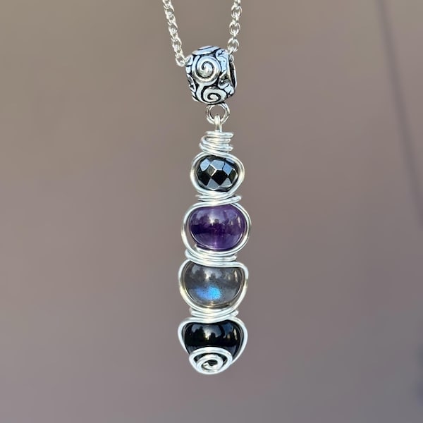 Empath Protection Necklace — Crystal Shield Pendant with Hematite, Labradorite & Amethyst | Energy Shield Jewelry