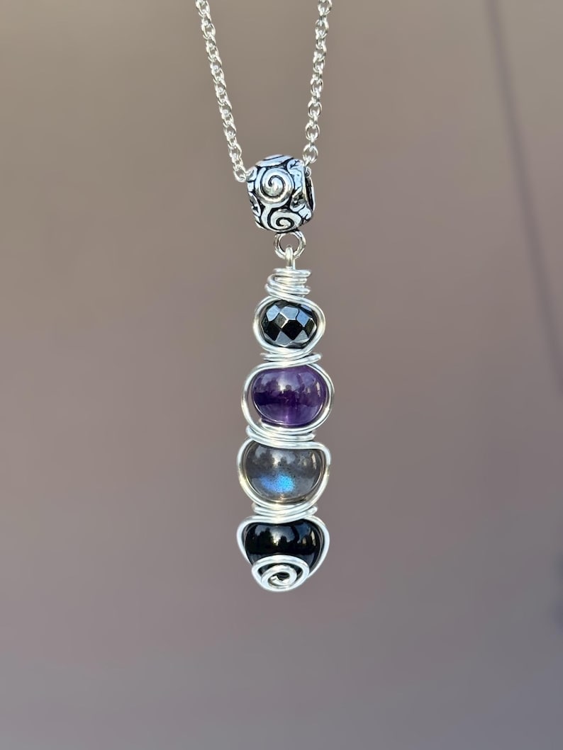 Empath Protection Necklace — Crystal Shield Pendant with Hematite, Labradorite & Amethyst | Energy Shield Jewelry Sterling Silver