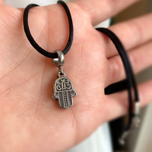 Hamsa Hand choker necklace. Protection Talisman. Hand of God amulet. Stainless steel charm on black satin cord necklace.