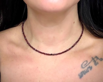 Garnet Choker – 4mm Faceted Gemstone Necklace with Sterling Silver Findings (16”)