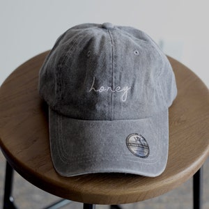 Honey Embroidered in USA , Premium 100% Cotton Baseball Caps, Great for Summer, Beach, Urban, Leisure, and Everyday Hats gray_white