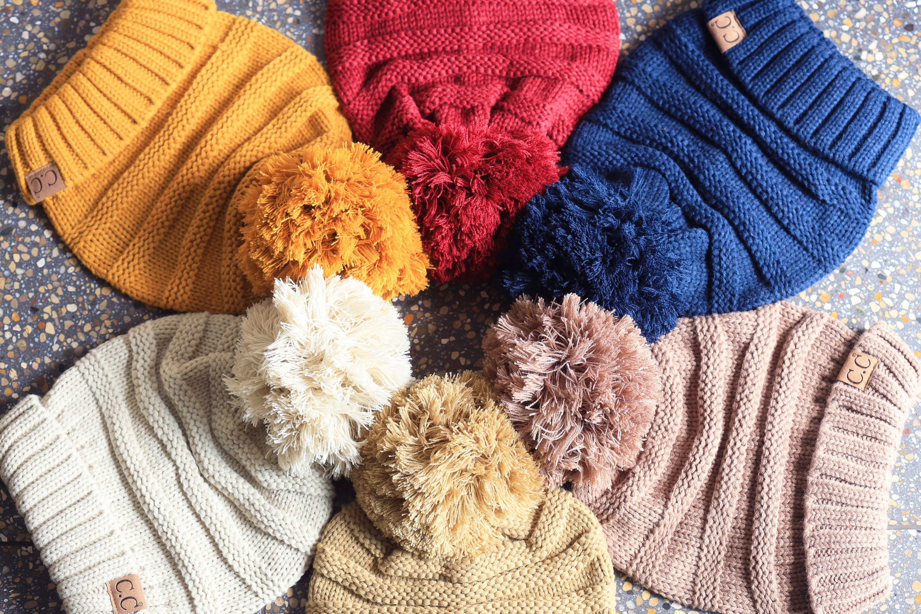 Chunky Pom Pom Slouchy Beanie: C.C Exclusives Ribbed Knit 