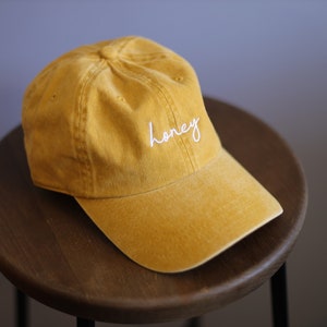 Honey Embroidered in USA , Premium 100% Cotton Baseball Caps, Great for Summer, Beach, Urban, Leisure, and Everyday Hats mustard_white