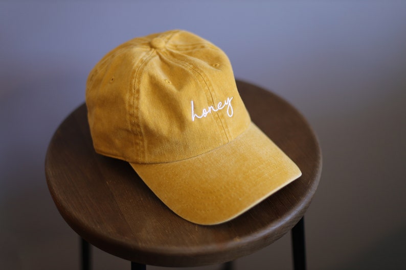 Honey Embroidered in USA , Premium 100% Cotton Baseball Caps, Great for Summer, Beach, Urban, Leisure, and Everyday Hats mustard_white