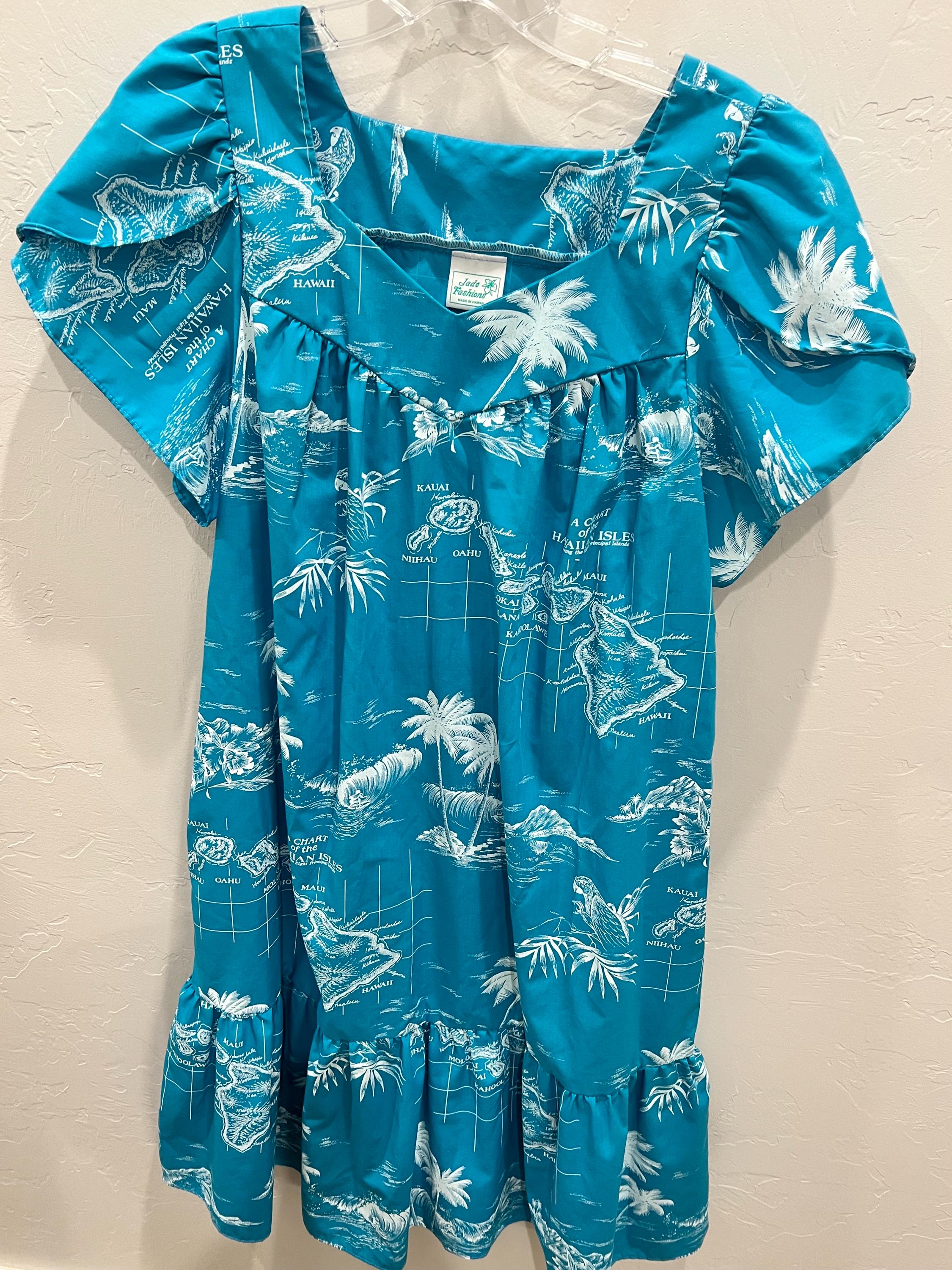 JaJa Fashions　ヴィンテージ　ハワイアンドレス　Hawaii製 Vintage Jade Fashions Teal Blue Hawaiian Tropical Ruffle Hem