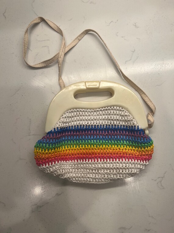 Vintage 1980s Rainbow Striped Crochet Purse Handb… - image 3