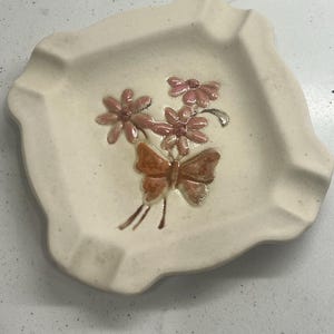 Ceramic BOHO Ashtray with Butterfly & Flowers Mid Century