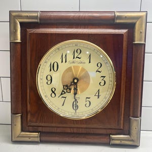 New Haven Quartz Wall Clock 13&quot; Solid Wood & Brass Vintage Battery Operated