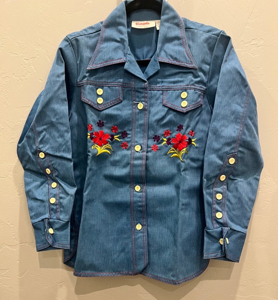 トップス Bowling Shirt - Bird Embroidery Denim トップス Bowling Shirt - Bird Embroidery Denim Bowling Shirt