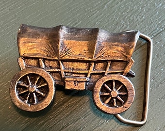 Vintage Covered Wagon Belt Buckle by Adezy of Denver Western Brass Buckle