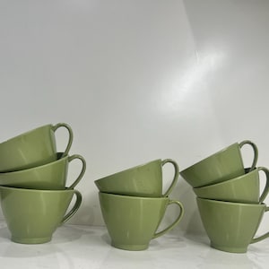 Vintage 1950s Melmac 8 Piece Melamine Avocado Green Mugs | Retro Lenotex Plastic Camping Dishes