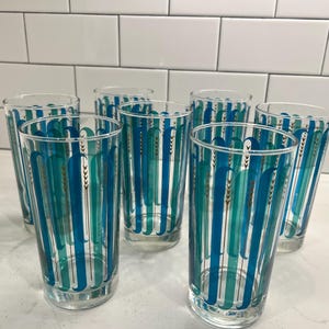 Libbey Vintage Turquoise and Green with Wheat Striped (Set of 7) Mid-Century Drinking/Beverage Glasses