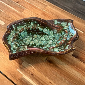 Mid Century Ceramic Pottery Ashtray | Monumental MCM Ceramic Malachite Look Green Ashtray