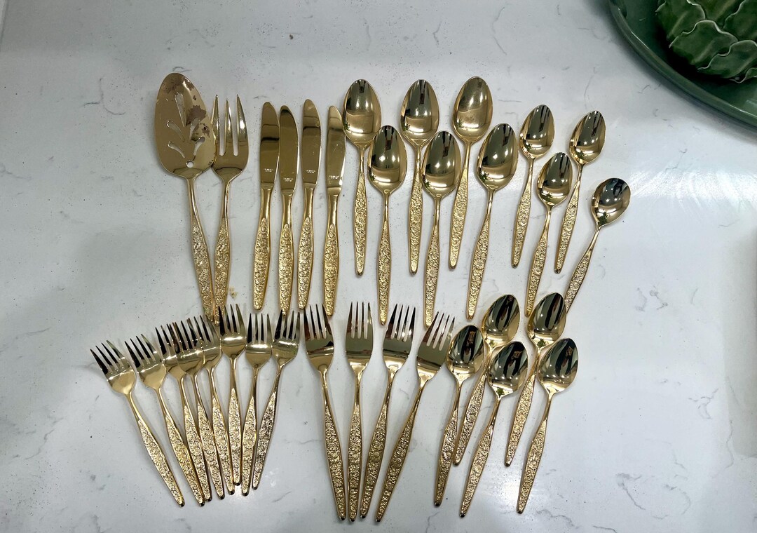 Vintage Golden Spring Floral 33 Piece Flatware Set Gold Utensils Japan ...