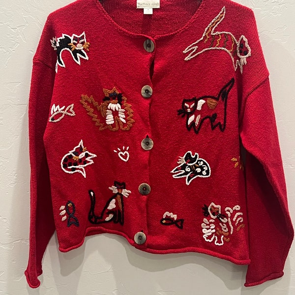 Northern Isles Red Embroidered Cat Fish Cardigan Button Down Sweater Vintage