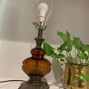 Vintage Amber Glass EF Industry Globe Table Lamp | Orange Gold Glass Mid-Century Lighting