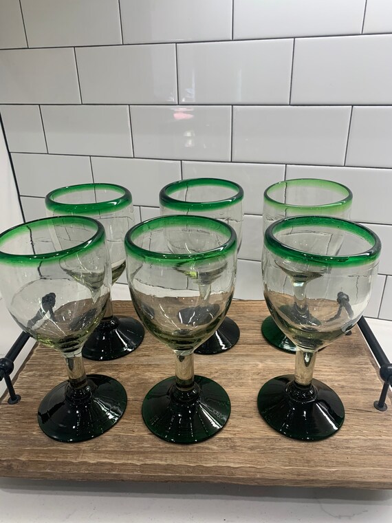 Mexican Glassware set of 6 Emerald Green Rim small wine glasses 
