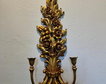 Vintage Syroco Double Candle Gold Resin Wall Sconce Decor Large 26” USA Candle Holder