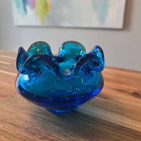 Vintage Blenko Handblown Glass Ruffled Bowl Bubble Blue Vase