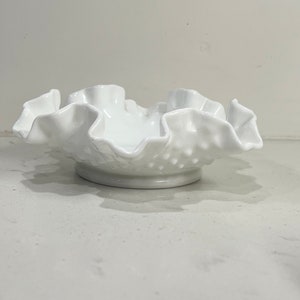 Vintage Fenton Milk Glass Hobnail Ruffled Candy Dish Bowl