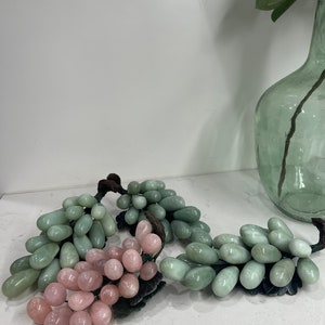 Vintage Rose or Jade Quartz Grape Cluster with Jade Glass Leaves Mid Century | Home Decor Vase Filler | Kitchen Fruit Basket | Centerpiece
