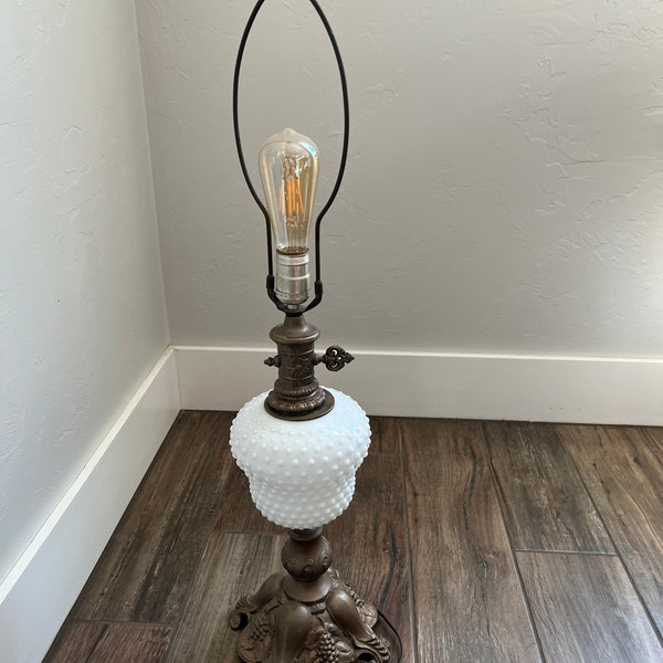 Vintage Hobnail White Milk Glass Table Lamp | Brass, Hobnail Milk Glass Lamp | Farmhouse Lighting