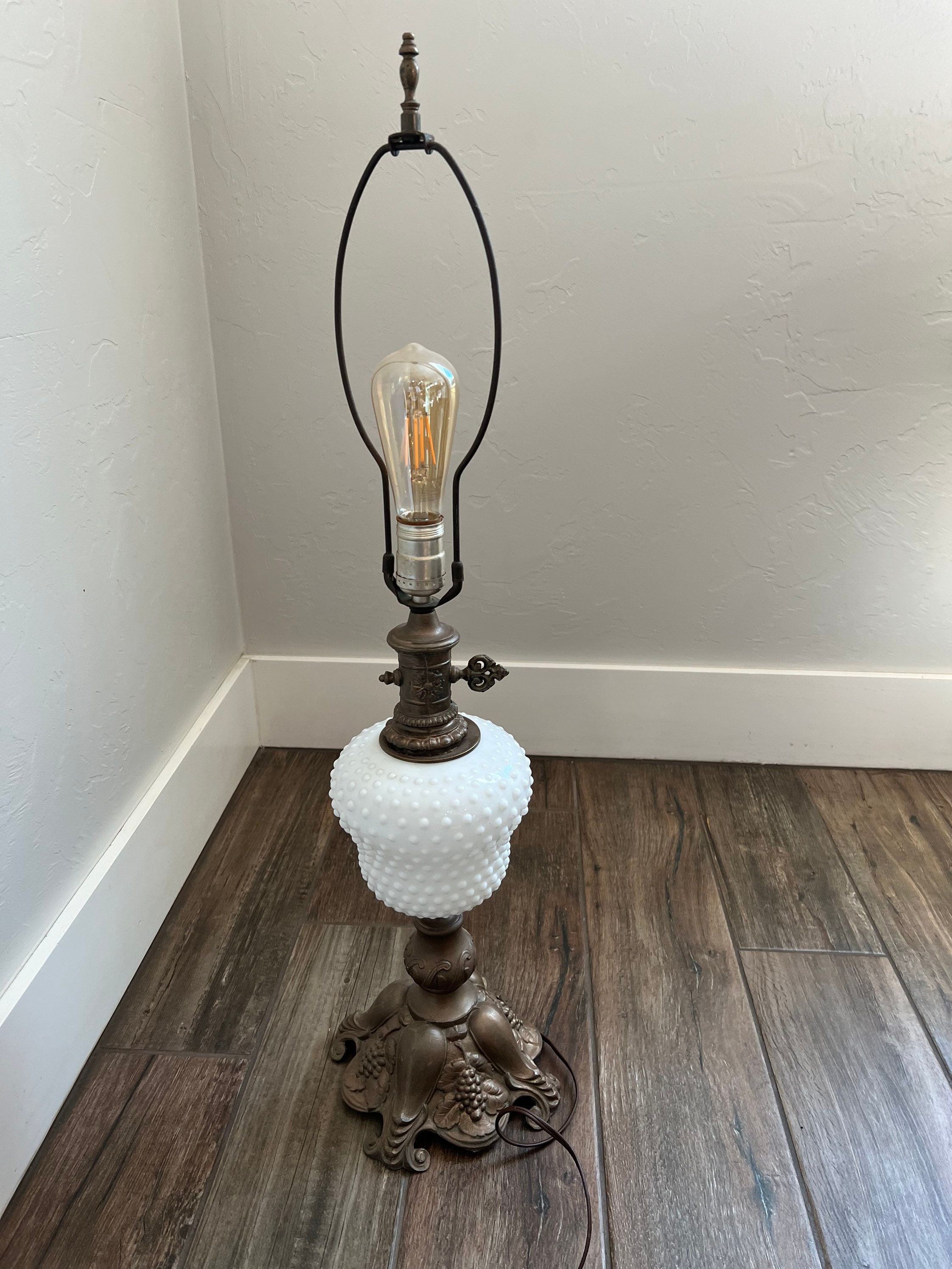 Vintage Hobnail White Milk Glass Table Lamp Brass Hobnail Milk