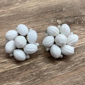 Vintage White Clip On Earrings | Signed Hong Kong
