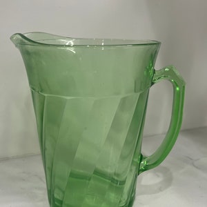 1940s Green Uranium Glass Green Hazel Atlas Drink Pitcher | Vintage Green Glowing Glass Large Pitcher