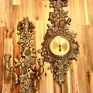 CHOICE Vintage Syroco Gold Hollywood Regency Floral Guilded Carved Baroque Style Wall Clock & Wall Sconce USA