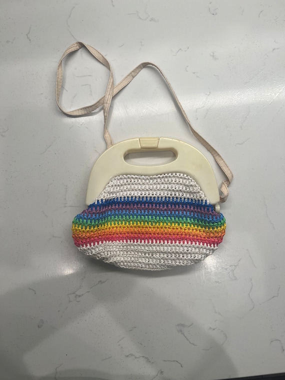 Vintage 1980s Rainbow Striped Crochet Purse Handb… - image 1