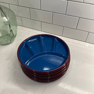 Vintage 60s 70s Blue and Red Enamelware Tin Metal Divided Camping Fondue Plates MCM Patriotic