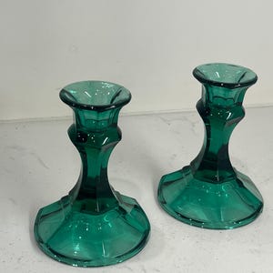 Juniper Emerald Green Glass Taper Candlesticks | Vintage Indiana Glass Candle Holders