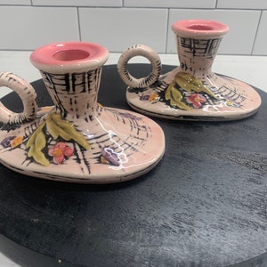 Vintage Pair of Hull USA Pottery Pink Floral Candle Sticks Holder Flowers