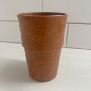 May include: A terracotta-coloured ceramic planter with a textured surface. The planter is cylindrical in shape and has a slightly flared rim.