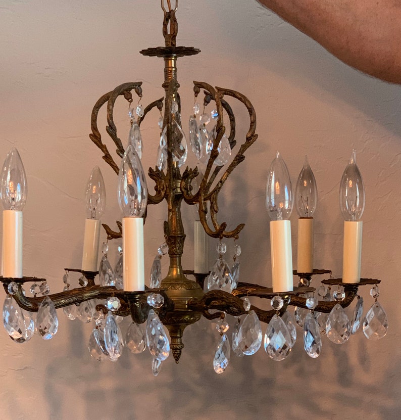 Vintage Solid Brass Chandelier with Crystals Made in Spain Etsy