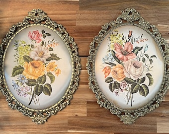 Vintage Italian Gold Metal Brass Wall Frame With Tapestry Floral Bouquet Home Decor Set of Two